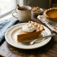 Slice of pumpkin pie with whipped cream beside steaming cinnamon tea