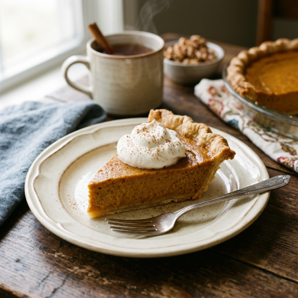 Slice of pumpkin pie with whipped cream beside steaming cinnamon tea