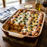 Baked lasagna topped with melted cheese, black olives, and herbs in a casserole dish