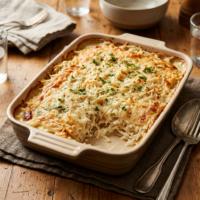 Cheesy baked pasta casserole topped with herbs in a baking dish