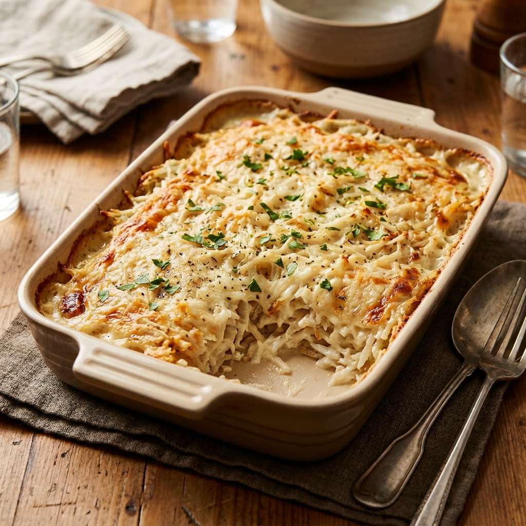 Cheesy baked pasta casserole topped with herbs in a baking dish